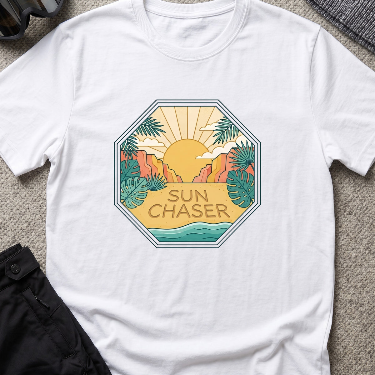 Sun Chaser T-Shirt — Sun Badge in White, front view.