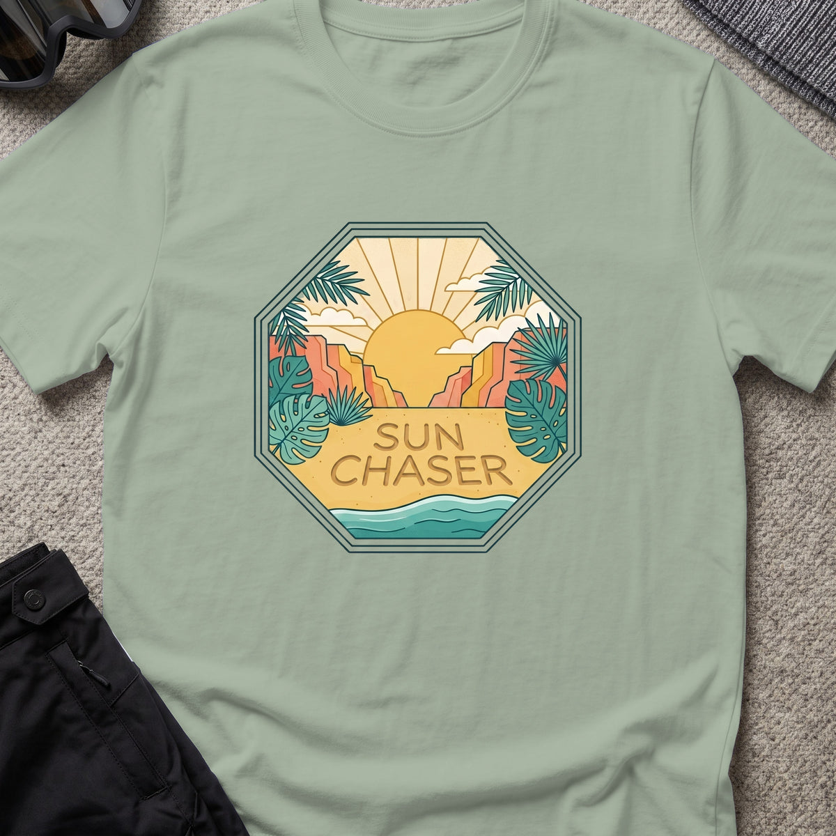 Sun Chaser T-Shirt — Sun Badge in Sage, front view.