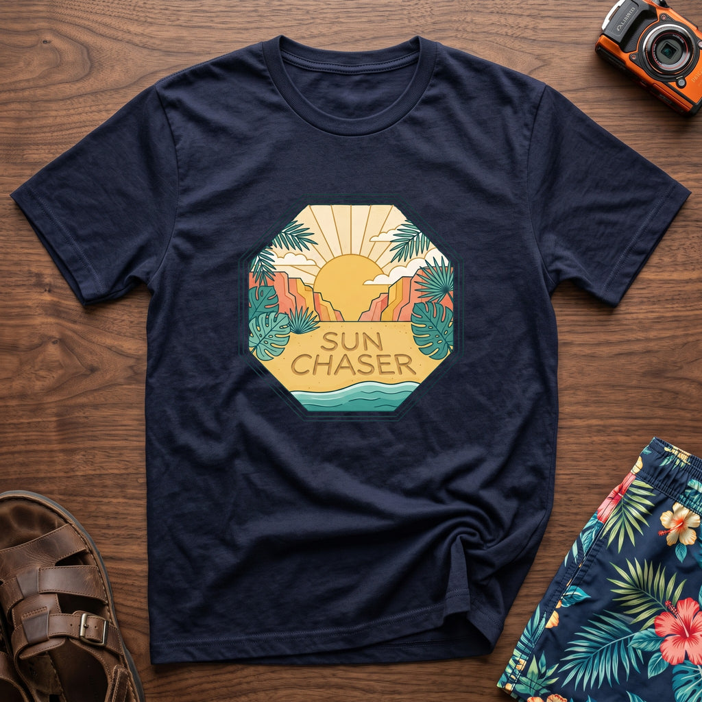 Sun Chaser T-Shirt — Sun Badge in Navy, front view.