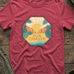 Sun Chaser T-Shirt — Sun Badge in Heather Cardinal, front view.