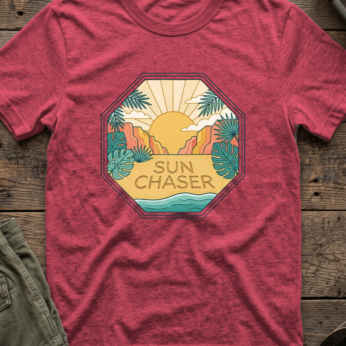 Sun Chaser T-Shirt — Sun Badge in Heather Cardinal, front view.