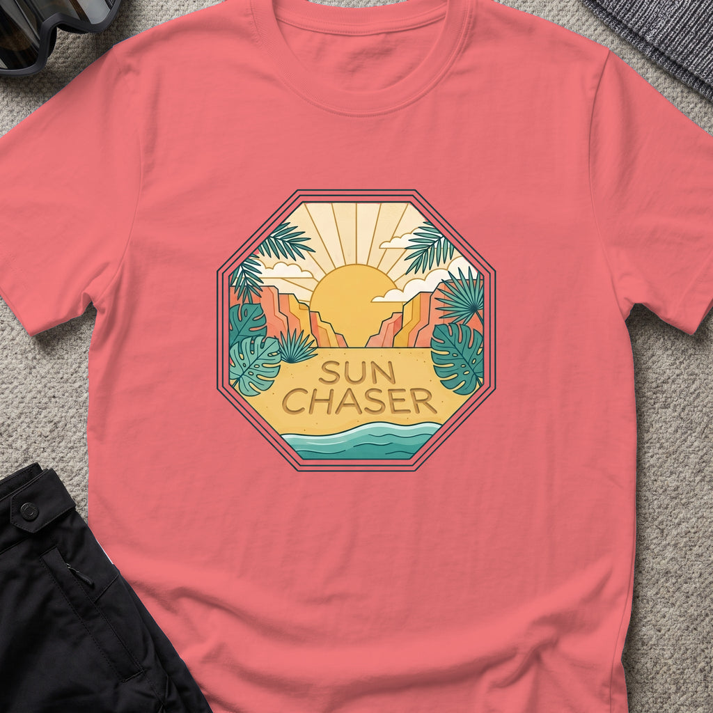 Sun Chaser T-Shirt — Sun Badge in Coral Silk, front view.