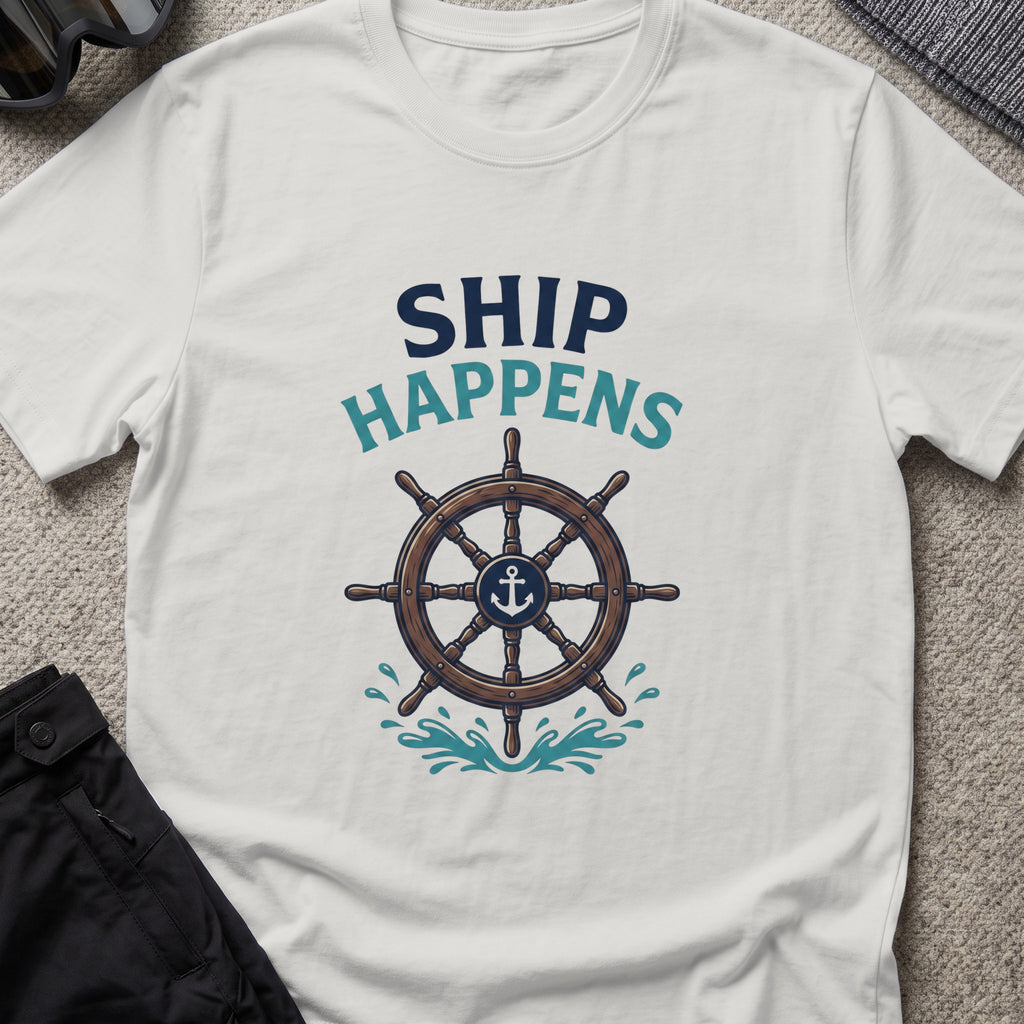 Ship Happens T-Shirt — Ship's Wheel in Ice Grey, front view.