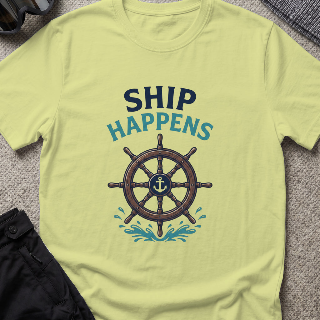 Ship Happens T-Shirt — Ship's Wheel in Pistachio, front view.