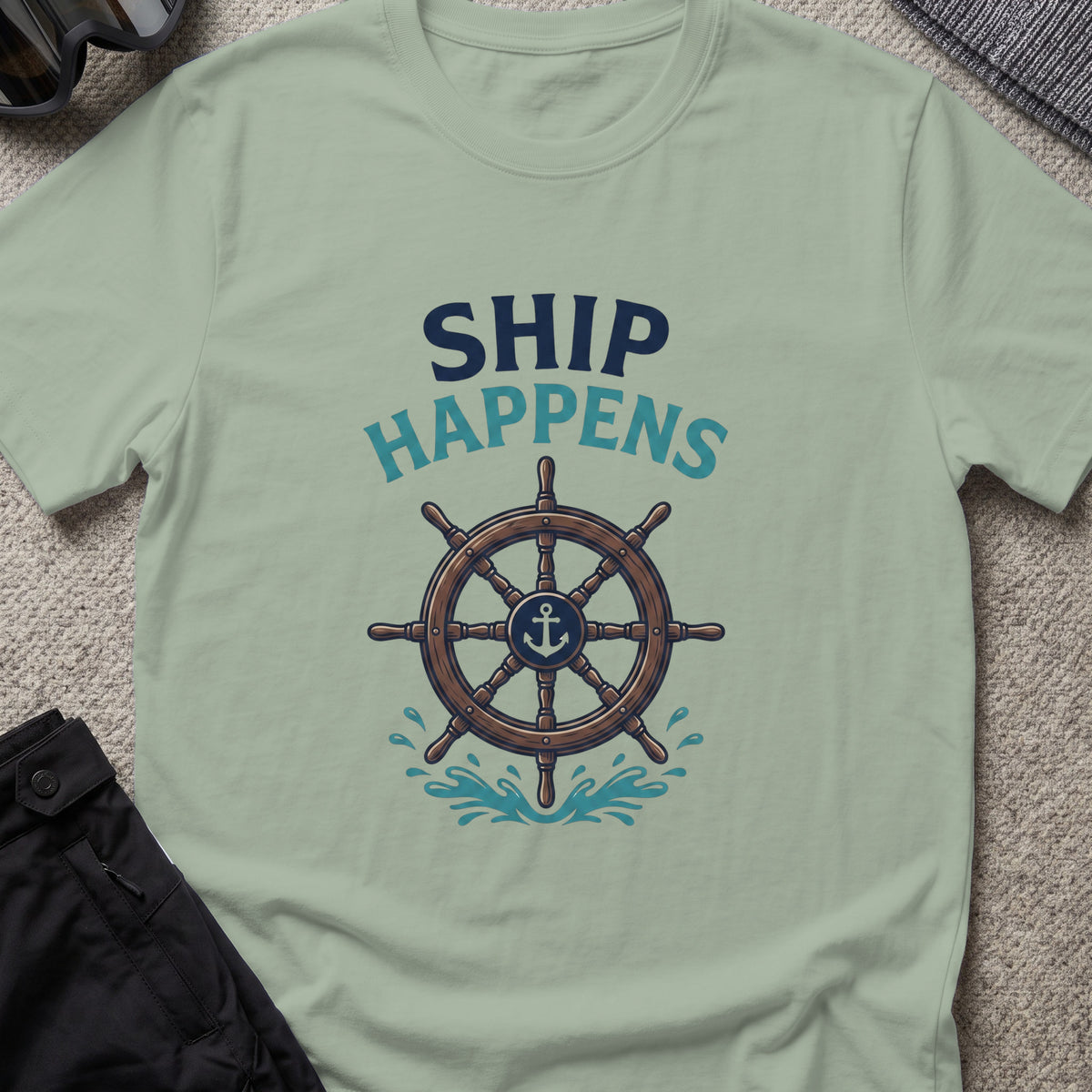 Ship Happens T-Shirt — Ship's Wheel in Sage, front view.