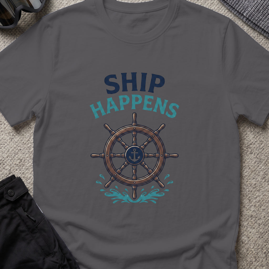 Ship Happens T-Shirt — Ship's Wheel in Charcoal, front view.