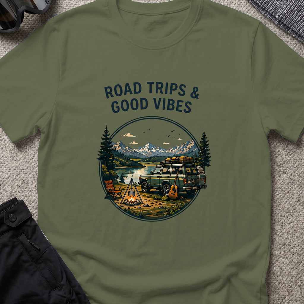 Road trips and Good Vibes T-Shirt in Military Green, front view.