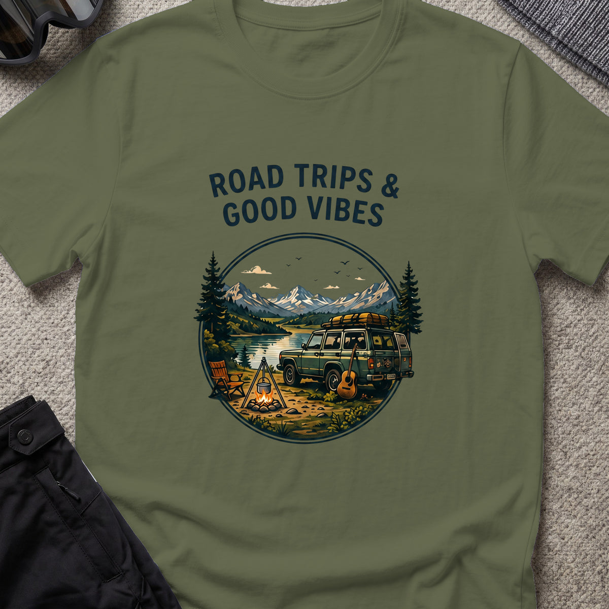 Road trips and Good Vibes T-Shirt in Military Green, front view.