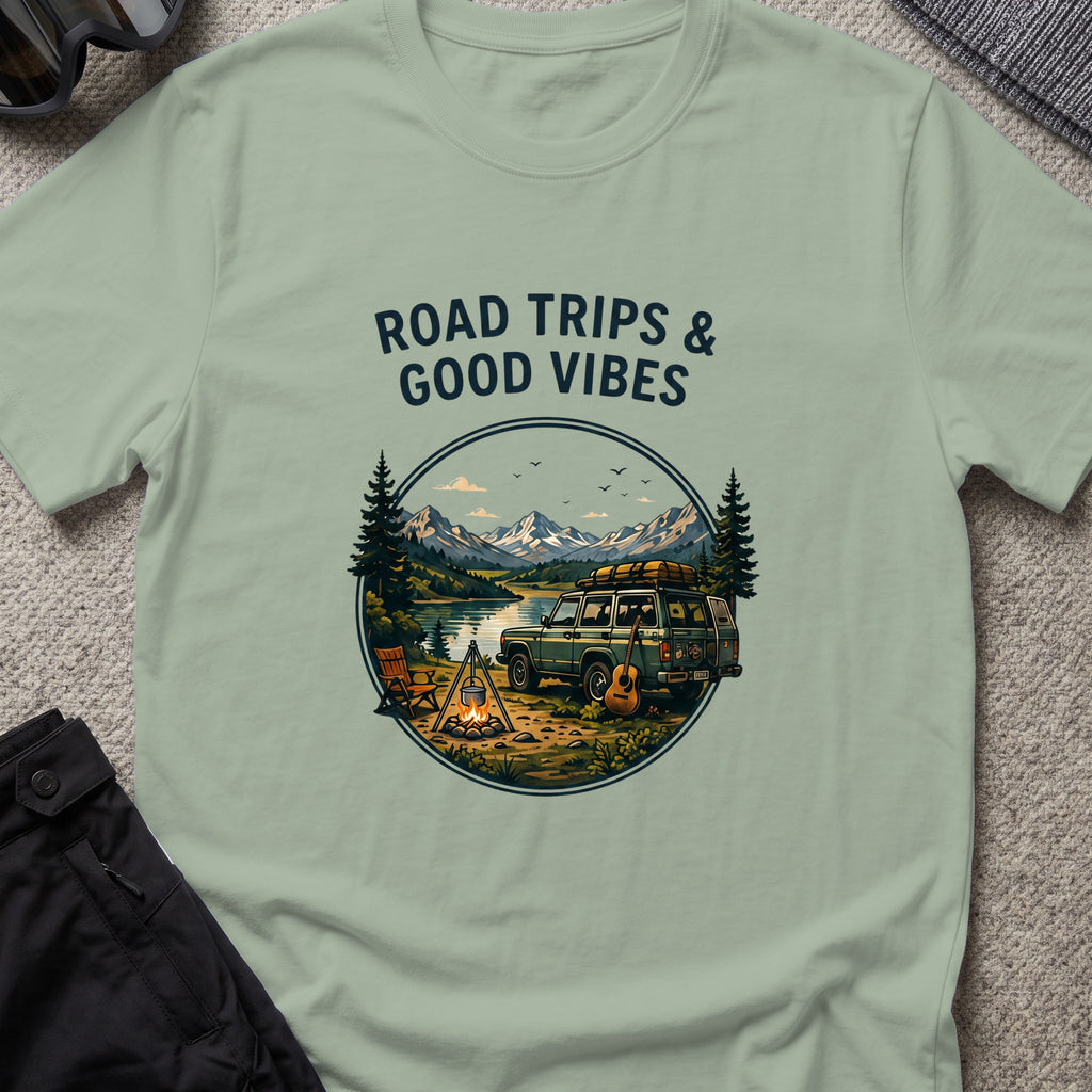 Road trips and Good Vibes T-Shirt in Sage, front view.