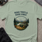 Road trips and Good Vibes T-Shirt in Sage, front view.