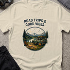 Road trips and Good Vibes T-Shirt in Sand, front view.