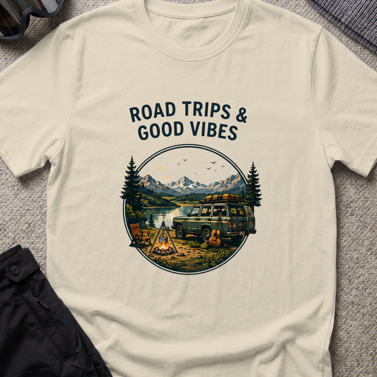 Road trips and Good Vibes T-Shirt in Sand, front view.