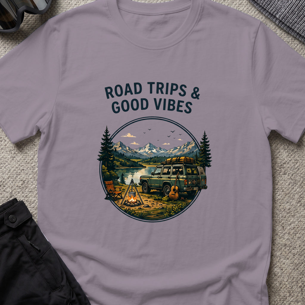 Road trips and Good Vibes T-Shirt in Paragon, front view.