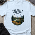Road trips and Good Vibes T-Shirt in Light Blue, front view.