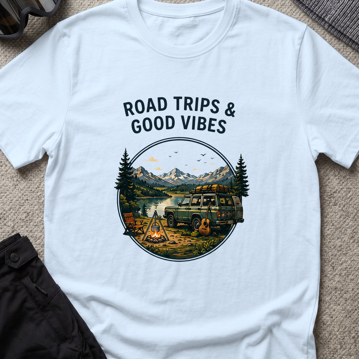 Road trips and Good Vibes T-Shirt in Light Blue, front view.