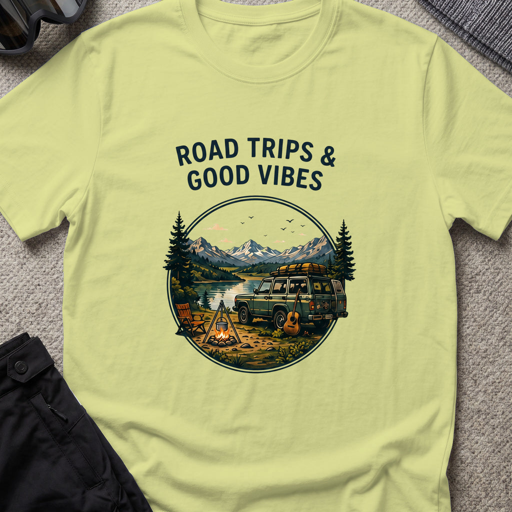 Road trips and Good Vibes T-Shirt in Pistachio, front view.