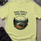Road trips and Good Vibes T-Shirt in Pistachio, front view.