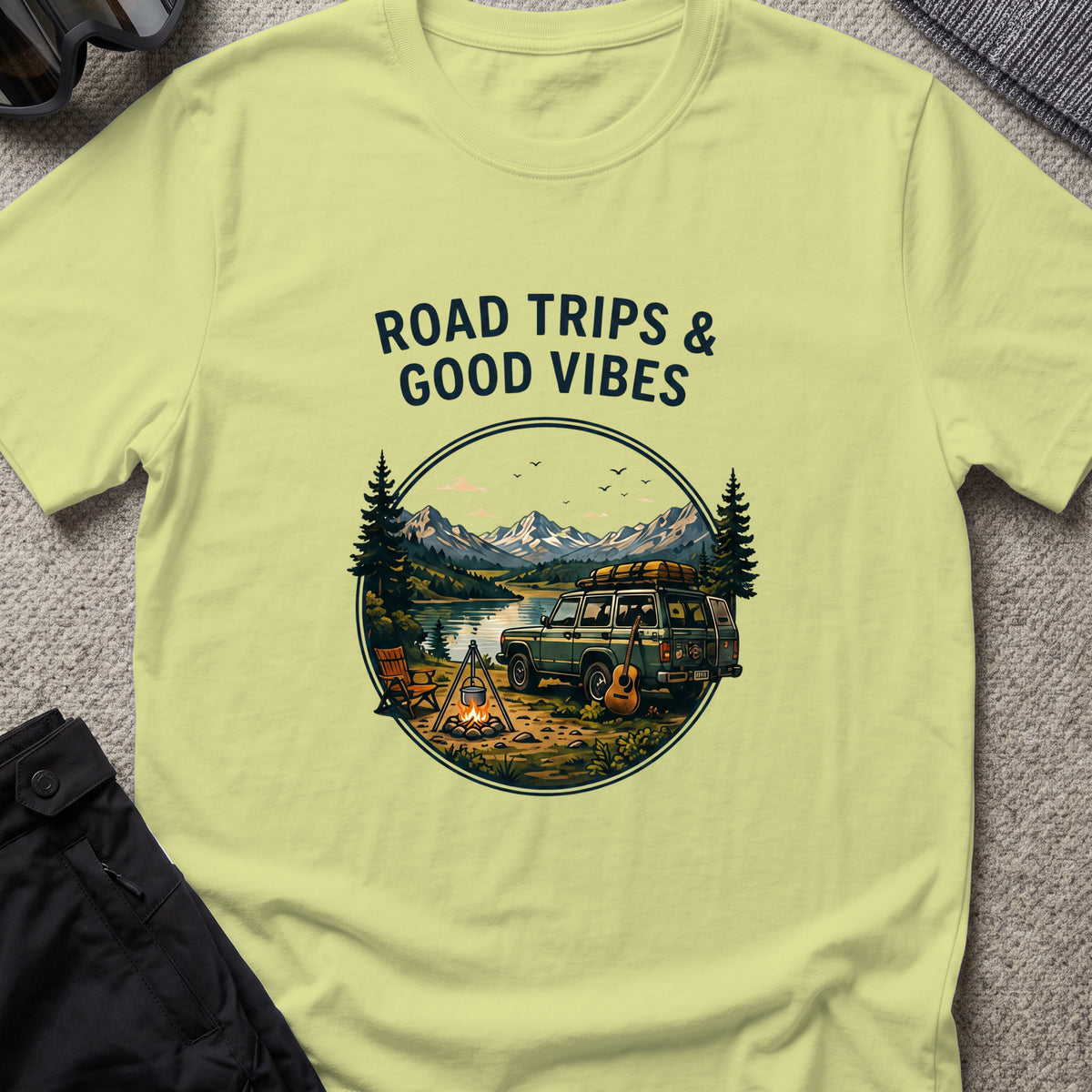 Road trips and Good Vibes T-Shirt in Pistachio, front view.