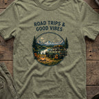 Road trips and Good Vibes T-Shirt in Heather Military Green, front view.