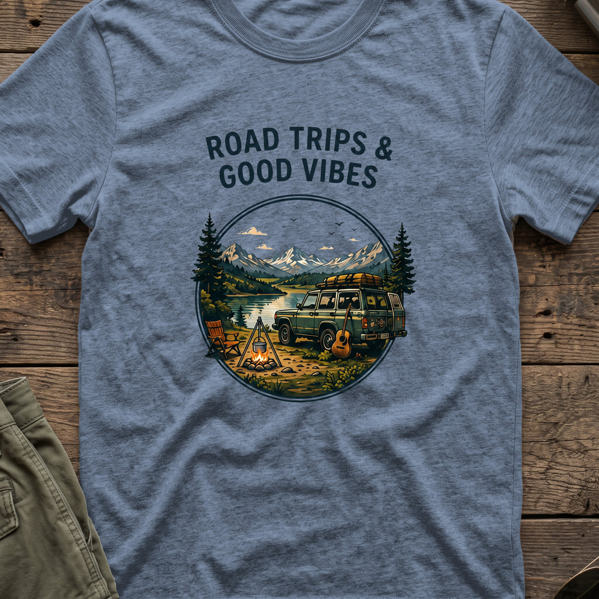 Road trips and Good Vibes T-Shirt in Heather Indigo, front view.