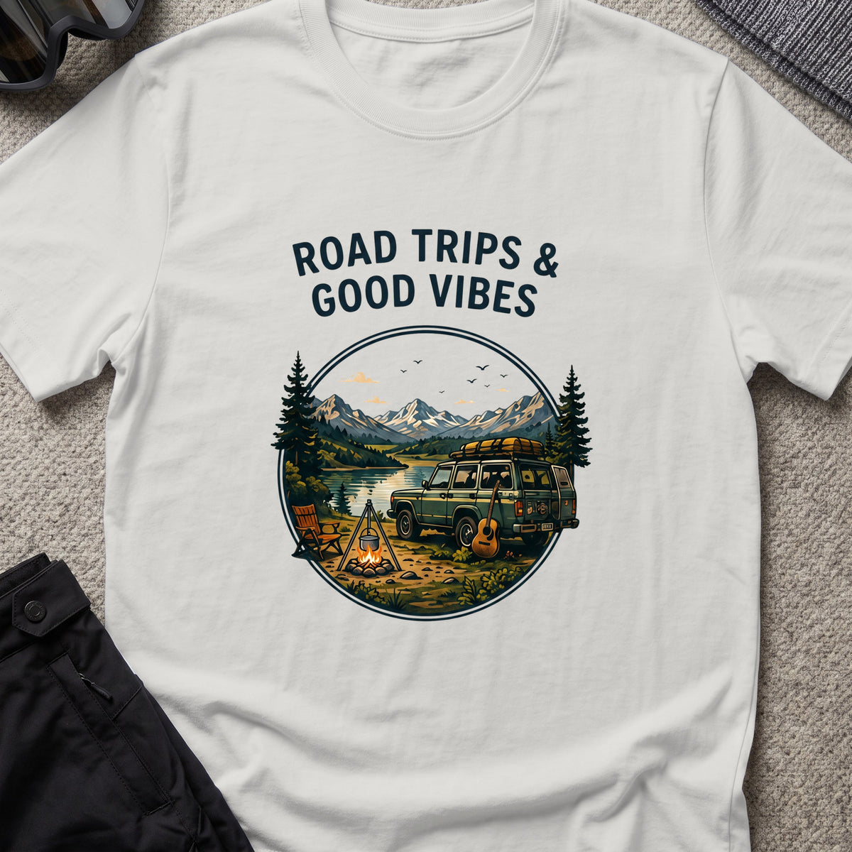 Road trips and Good Vibes T-Shirt in Ice Grey, front view.