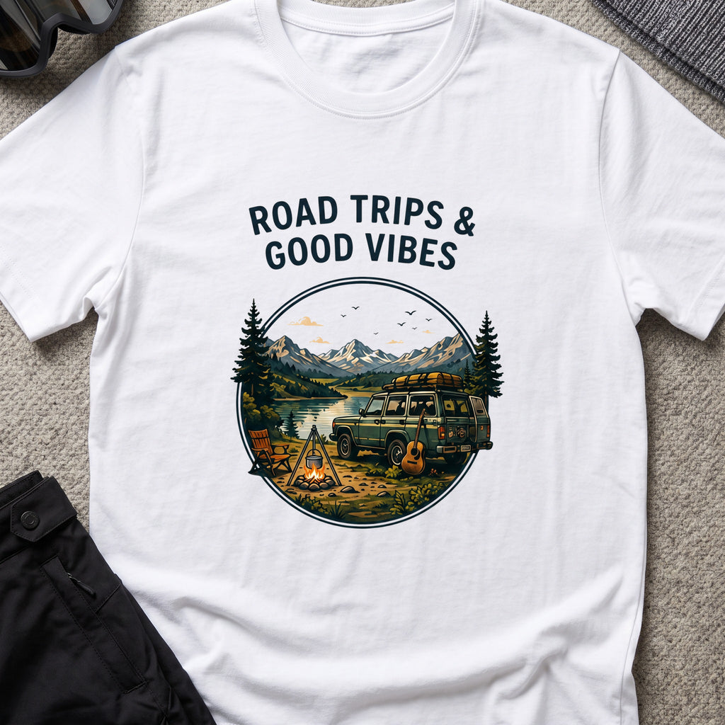 Road trips and Good Vibes T-Shirt in White, front view.