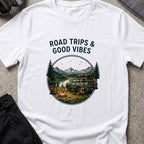 Road trips and Good Vibes T-Shirt in White, front view.