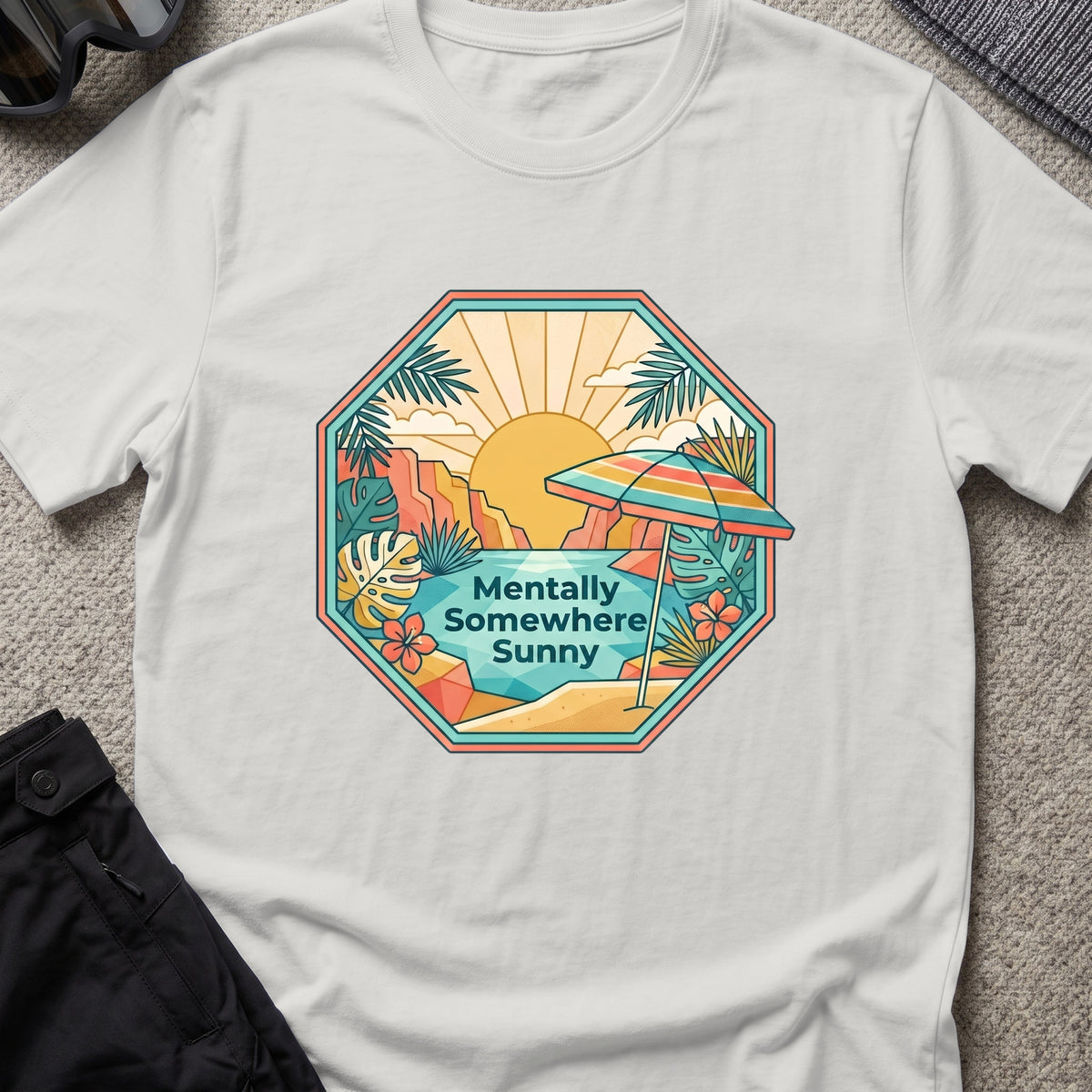 Mentally Somewhere Sunny T-Shirt in Ice Grey, front view.