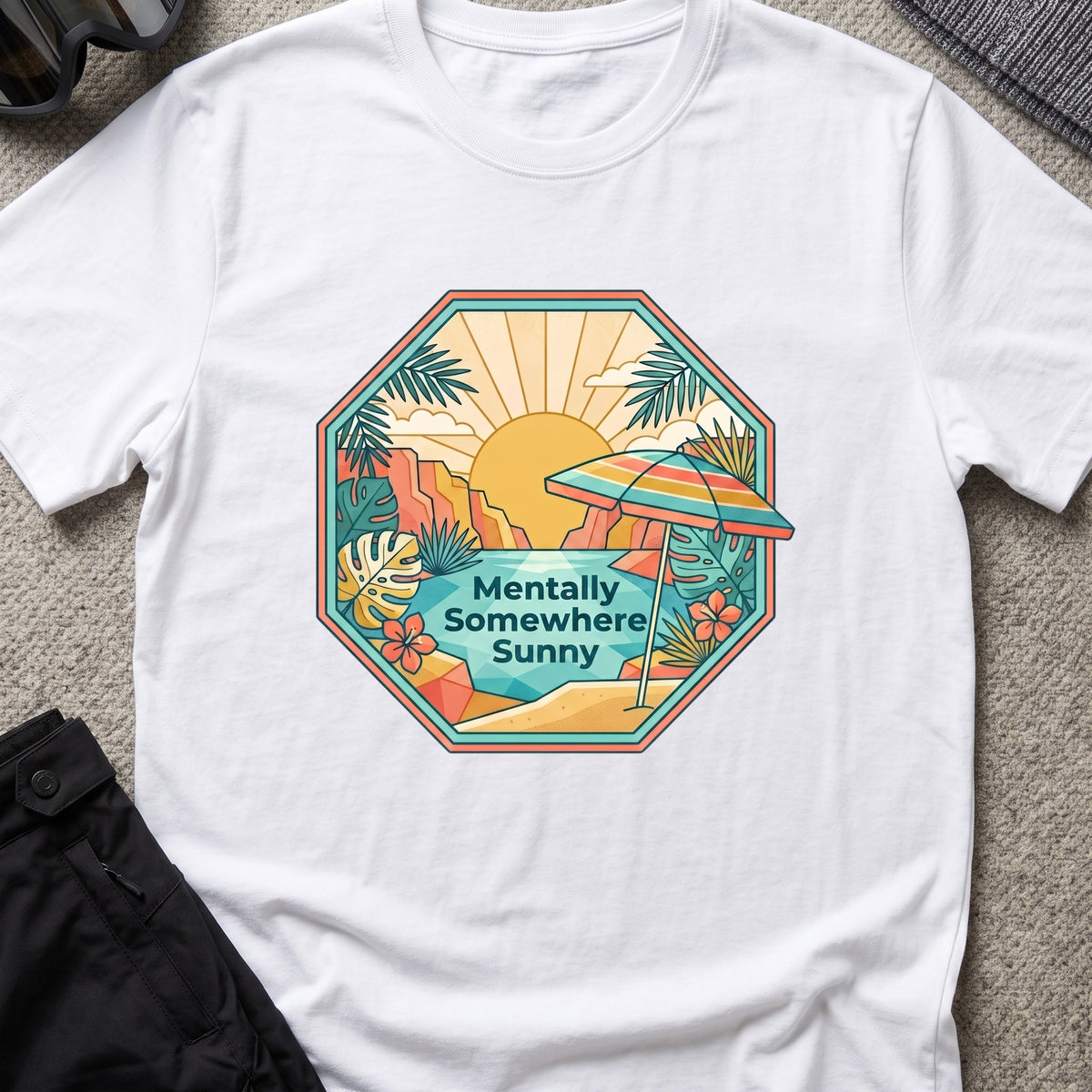 Mentally Somewhere Sunny T-Shirt in White, front view.