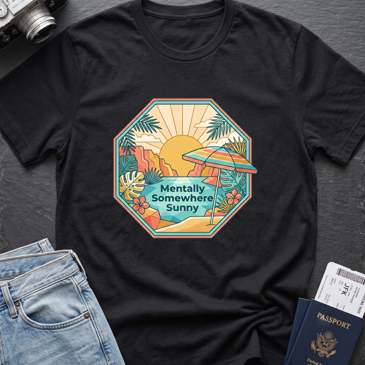 Mentally Somewhere Sunny T-Shirt in Black, front view.
