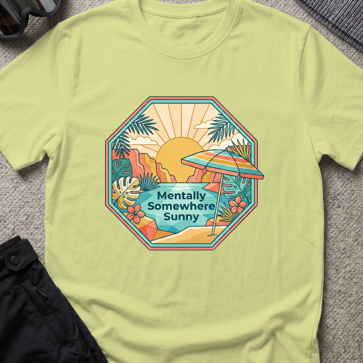 Mentally Somewhere Sunny T-Shirt in Pistachio, front view.