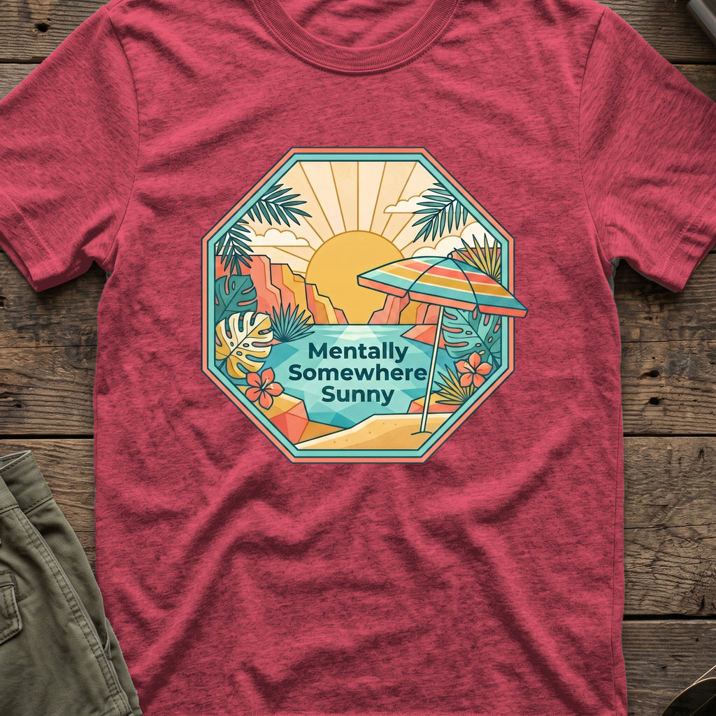 Mentally Somewhere Sunny T-Shirt in Heather Cardinal, front view.