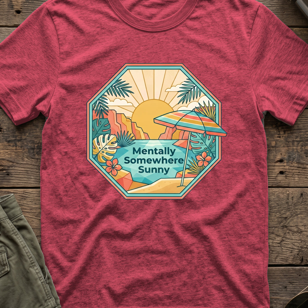 Mentally Somewhere Sunny T-Shirt in Heather Cardinal, front view.