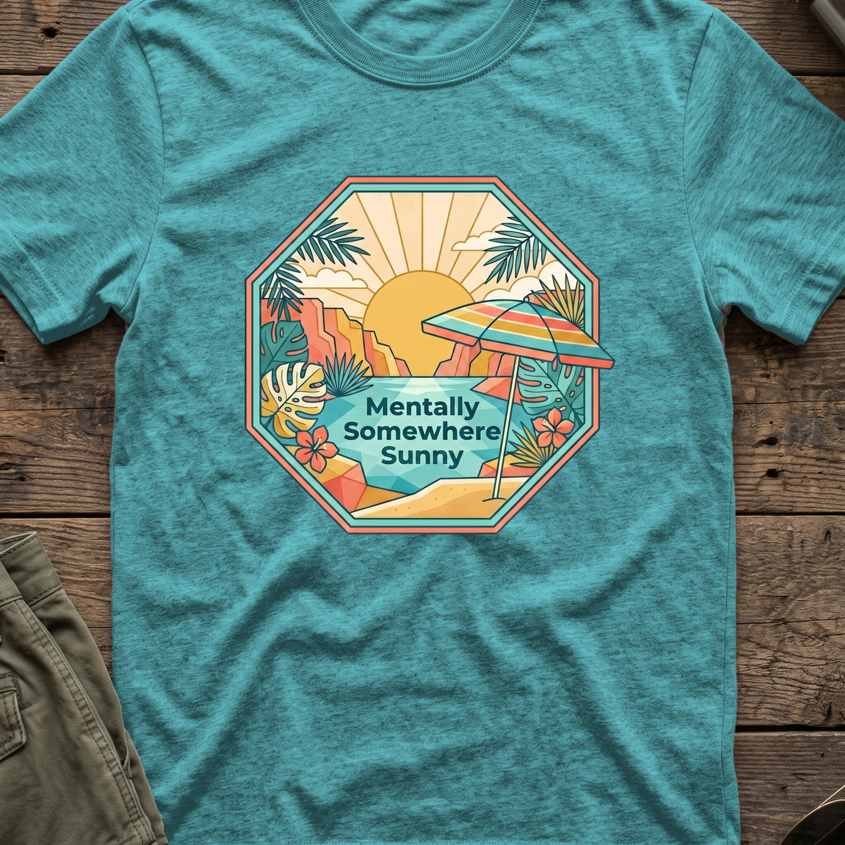 Mentally Somewhere Sunny T-Shirt in Heather Galapagos Blue, front view.