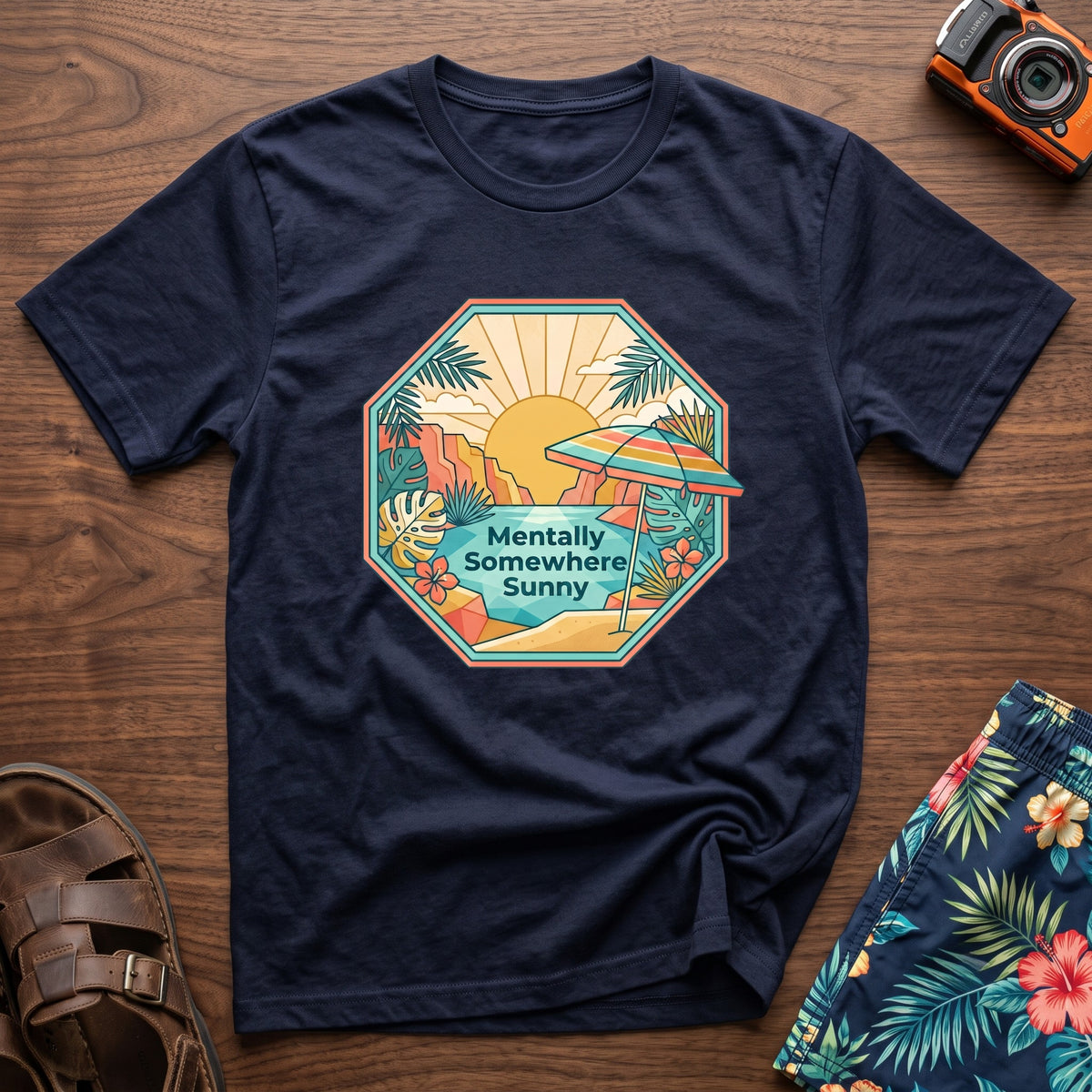Mentally Somewhere Sunny T-Shirt in Navy, front view.