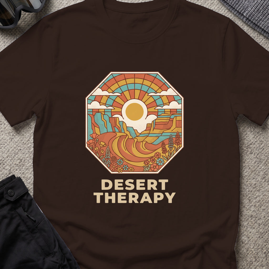 Desert Therapy T-Shirt — Canyon Sun in Dark Chocolate, front view.