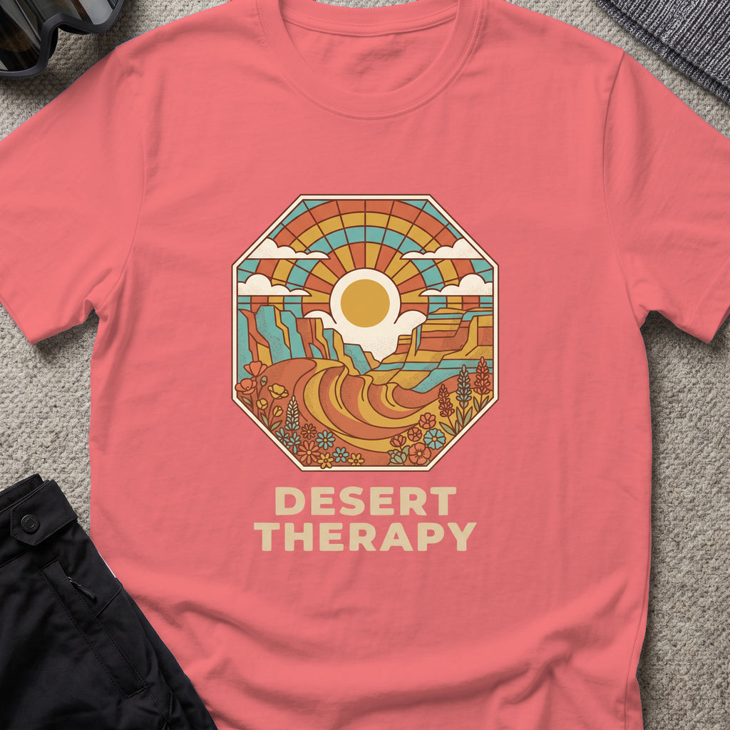 Desert Therapy T-Shirt — Canyon Sun in Coral Silk, front view.