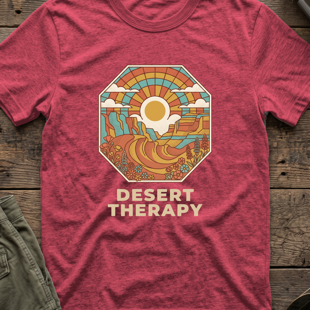 Desert Therapy T-Shirt — Canyon Sun in Heather Cardinal, front view.