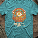 Desert Therapy T-Shirt — Canyon Sun in Heather Galapagos Blue, front view.