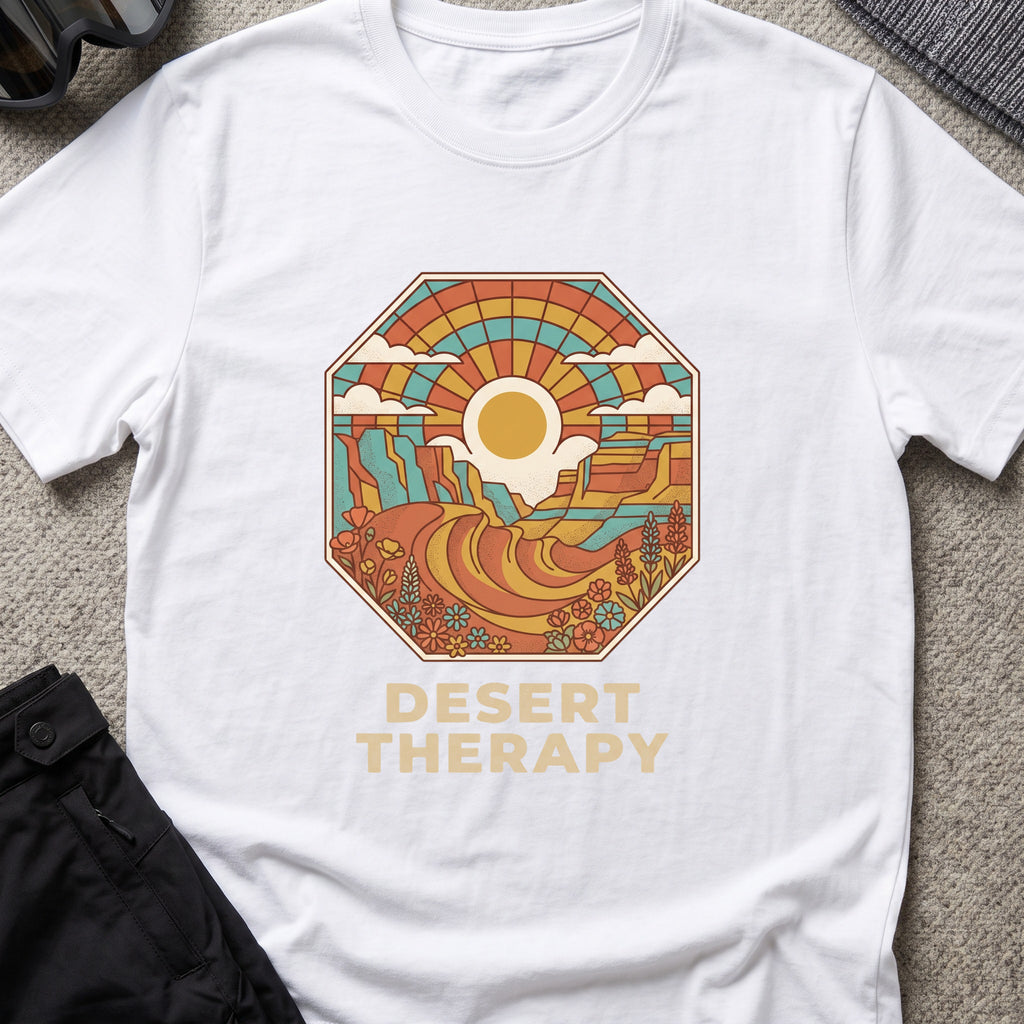 Desert Therapy T-Shirt — Canyon Sun in White, front view.