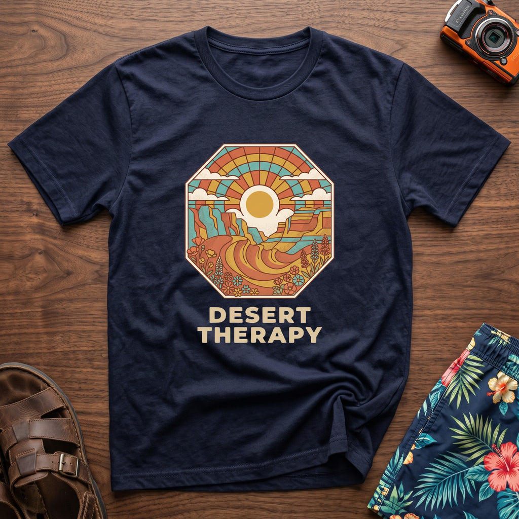 Desert Therapy T-Shirt — Canyon Sun in Navy, front view.