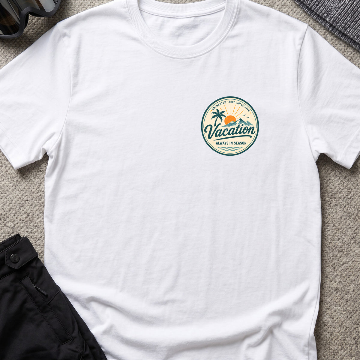 Vacation is Always in Season T-Shirt in White, front view.