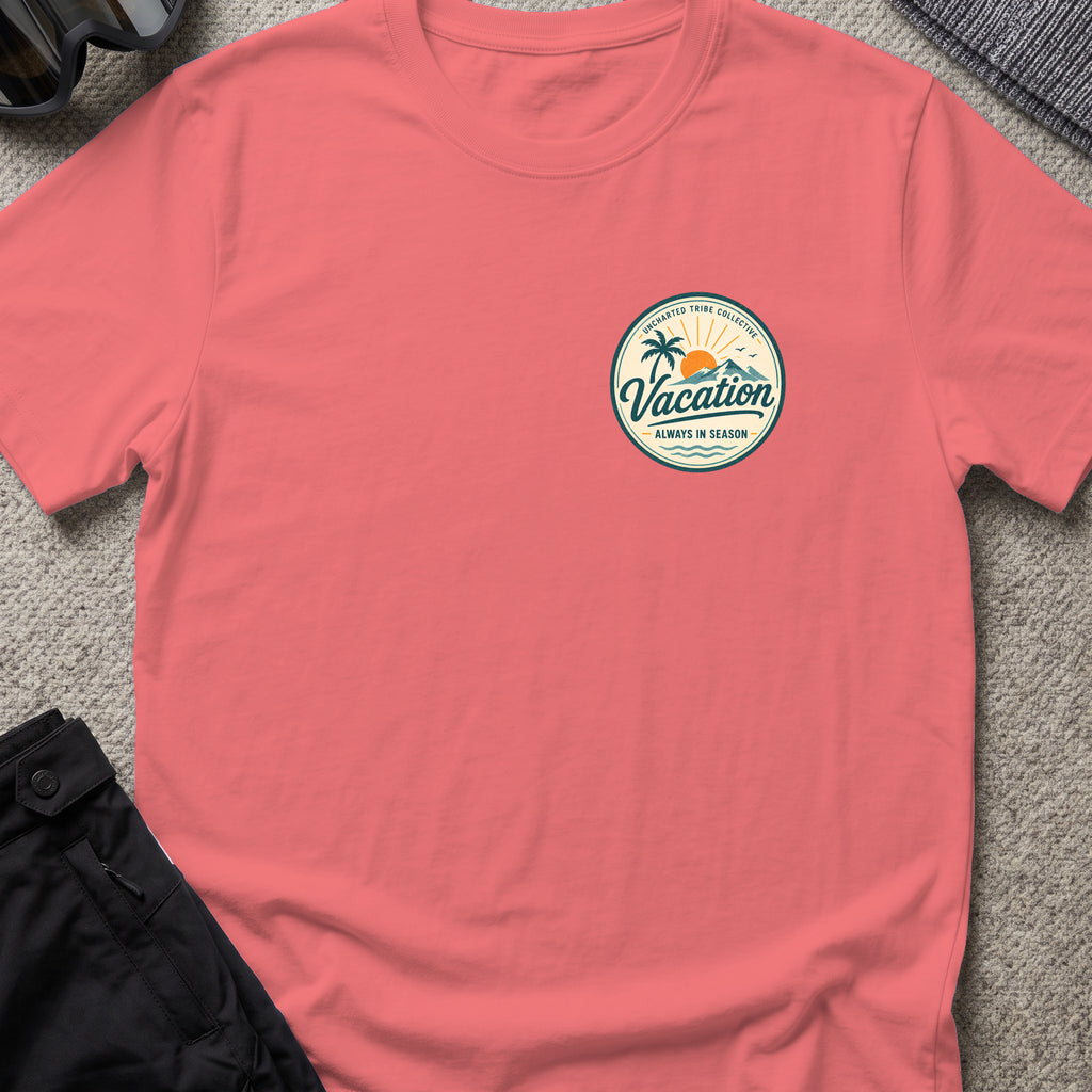 Vacation is Always in Season T-Shirt in Coral Silk, front view.