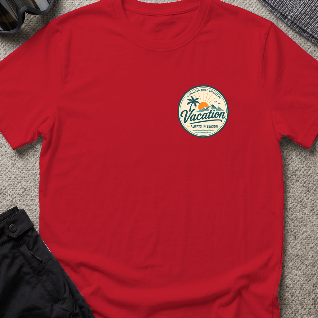 Vacation is Always in Season T-Shirt in Cherry Red, front view.