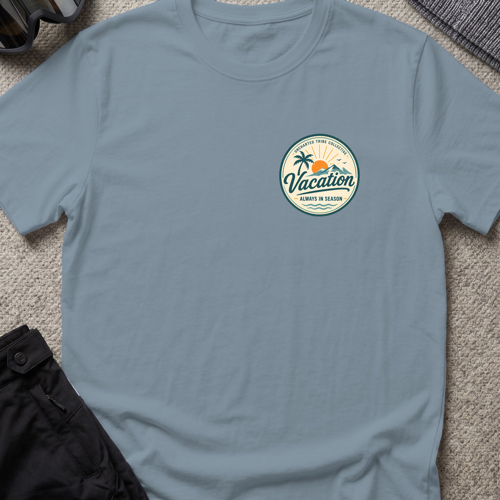 Vacation is Always in Season T-Shirt in Stone Blue, front view.
