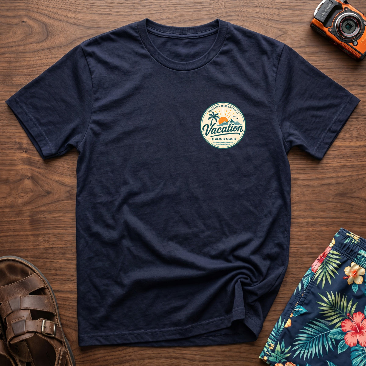 Vacation is Always in Season T-Shirt in Navy, front view.