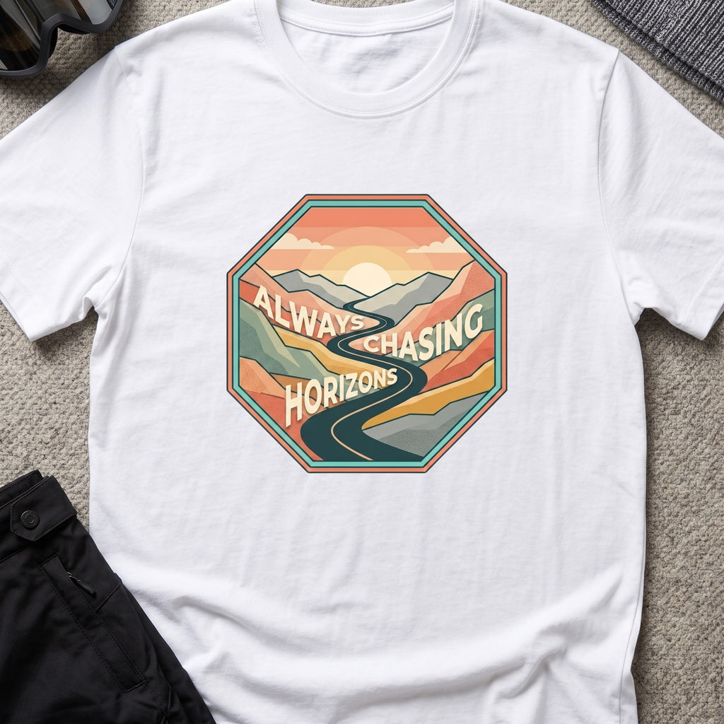 Always Chasing Horizons T-Shirt in White, front view.