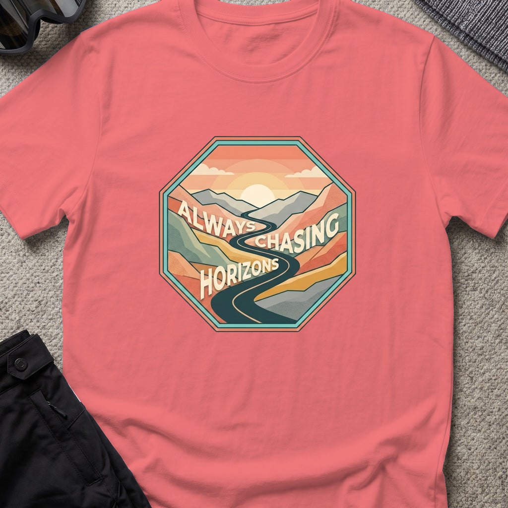 Always Chasing Horizons T-Shirt in Coral Silk, front view.