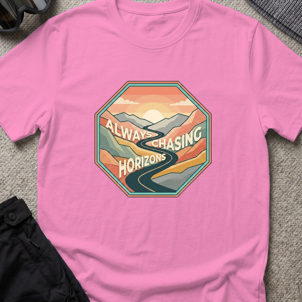 Always Chasing Horizons T-Shirt in Azalea, front view.