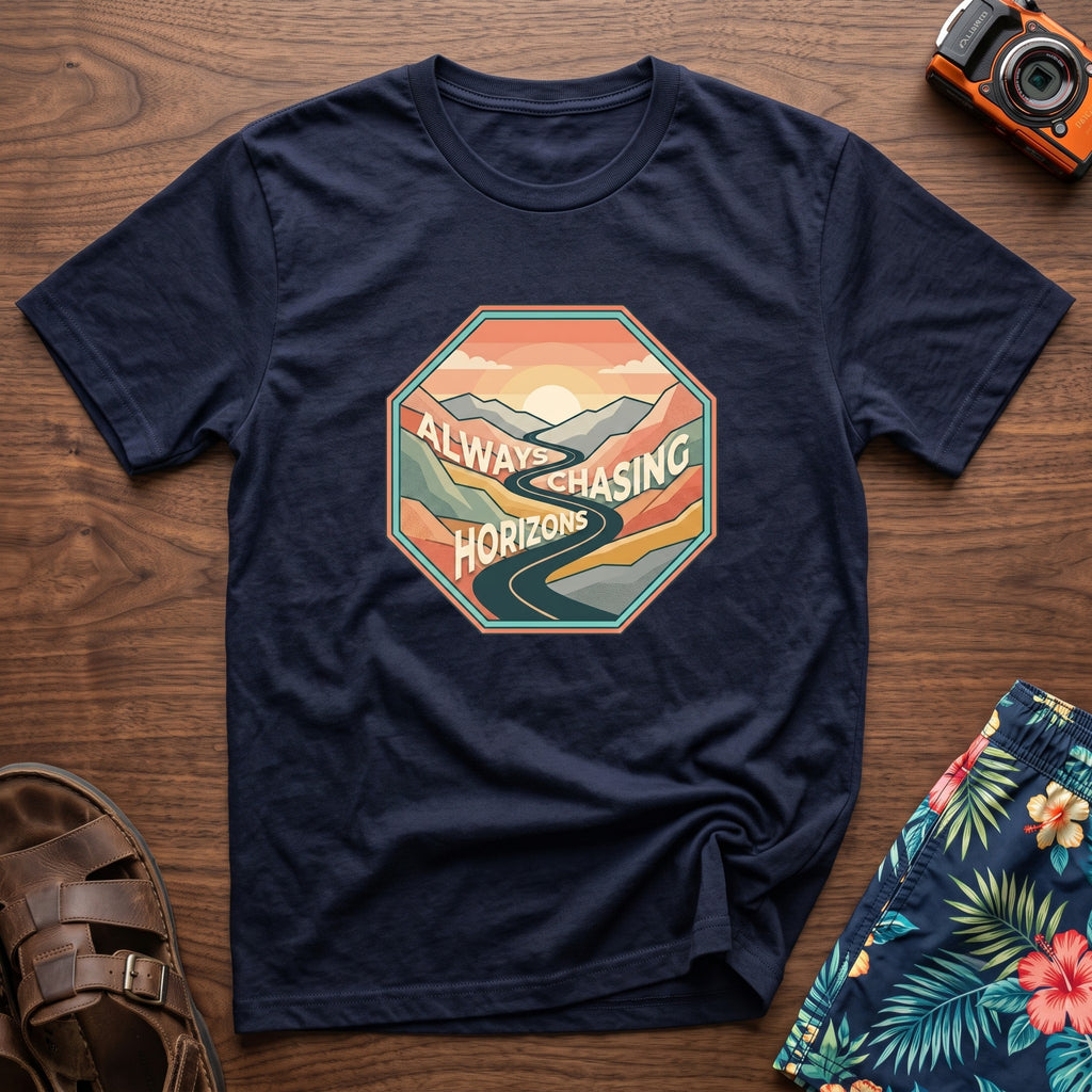 Always Chasing Horizons T-Shirt in Navy, front view.